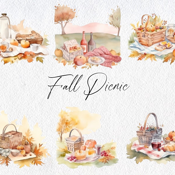 Cute Watercolor Fall Picnic, Commercial Use Clipart, Fall Clipart, Autumn, Harvest, Foliage, Picnic Table, Basket, Blanket, Food, Gather