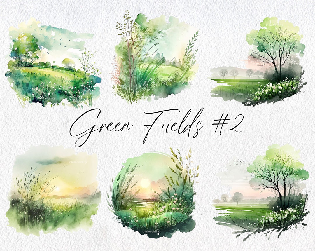 Cute Watercolor Green Fields Scenes, 2, Commercial Use Clipart, Field Clipart, Scrapbooking ...