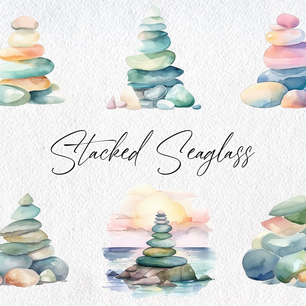 Cute Watercolor Stacked Seaglass Scenes, Commercial Use Clipart, Beach Clipart, Scrapbooking, Shell, Ocean, Summer, Sea Glass, Vacation