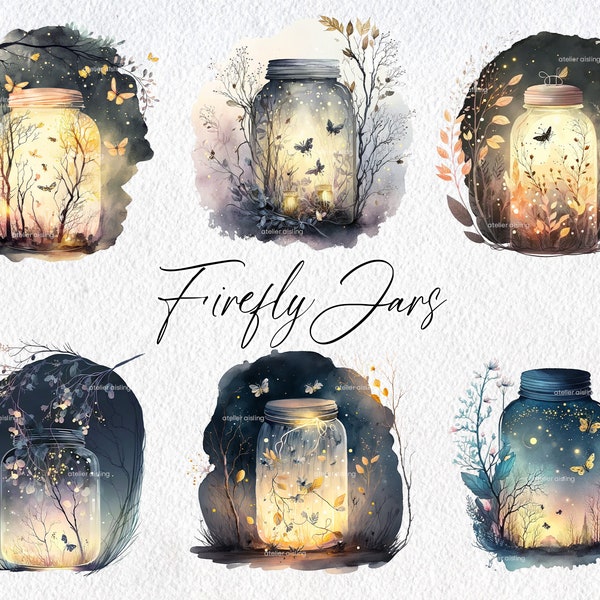 Cute Watercolor Firefly Jars Clipart, Commercial Use Clipart, Star Clipart, Mason Jar, Scrapbooking, Night, Flowers, Moon, Galaxy, Star, Sky