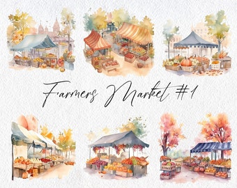 Cute Watercolor Farmers Market, Volume 1, Commercial Use Clipart, Fall Clipart, Autumn, Harvest, Flea Market, Foliage, Tent, Pumpkin, Trees