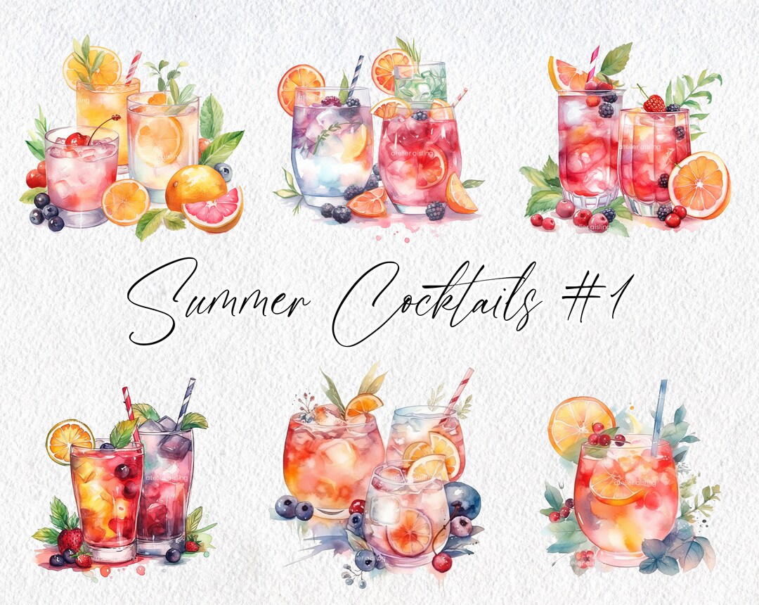 Cute Watercolor Summer Cocktail Scenes, Volume 1, Commercial Use ...