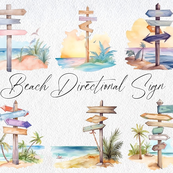 Cute Watercolor Beach Directional Sign Scenes, Commercial Use Clipart, Beach Clipart, Scrapbooking, Summer, Ocean,  Vacation, Coast, Shore
