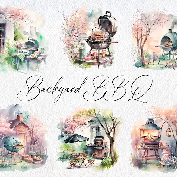 Cute Watercolor Backyard BBQ Scenes, Commercial Use Clipart, BBQ Clipart, Scrapbooking, Garden, Barbecue, Grill, Summer, House, Backyard