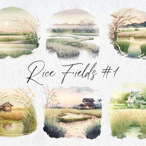 Cute Watercolor Rice Field Scenes, Volume 1, Commercial Use Clipart, Field Clipart, Scrapbooking, Farm, Garden, Asia, Countryside, Oriental