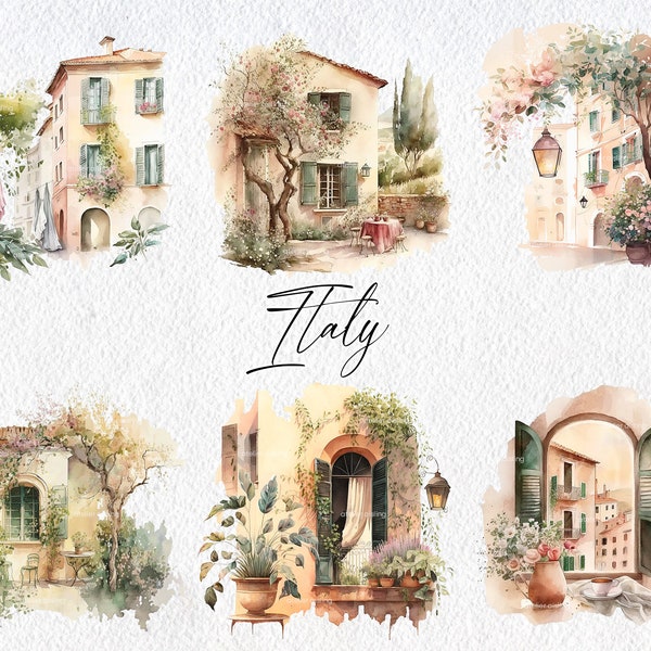 Cute Watercolor Italy Scenes, Commercial Use Clipart, Italian Clipart, Scrapbooking, Summer, Window, City, Streets, Cobblestone, Street Lamp