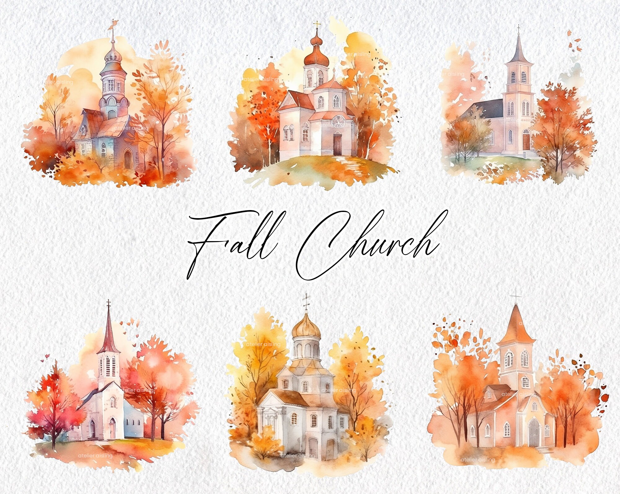 Cute Watercolor Fall Church Scene Commercial Use Clipart - Etsy