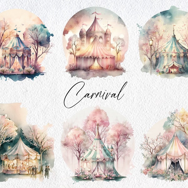 Cute Watercolor Carnival Scene Clipart, Commercial Use Clipart, Carousel Clipart, Scrapbooking, Circus, Fairgrounds, Summer, Tent, Booth