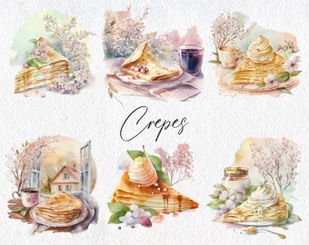 Cute Watercolor Crepes Scenes, Commercial Use Clipart, Food Clipart, Scrapbooking, Breakfast, Spring, Cafe, Cottagecore, Pancakes, French