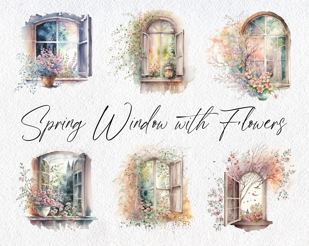 Cute Watercolor Spring Windows With Flowers Scenes, Commercial Use ...