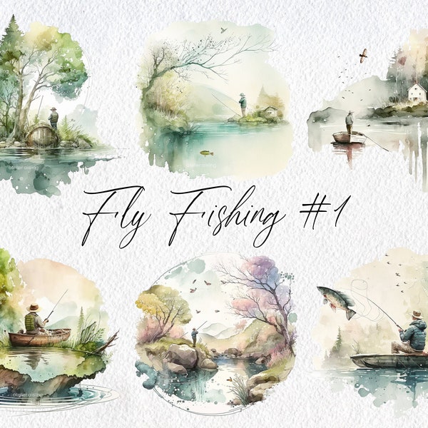 Cute Watercolor Fly Fishing Scenes, Volume 1, Commercial Use Clipart, Fish Clipart, Scrapbooking, Lake, Boat, River, Canoe, Kayak, Fisherman