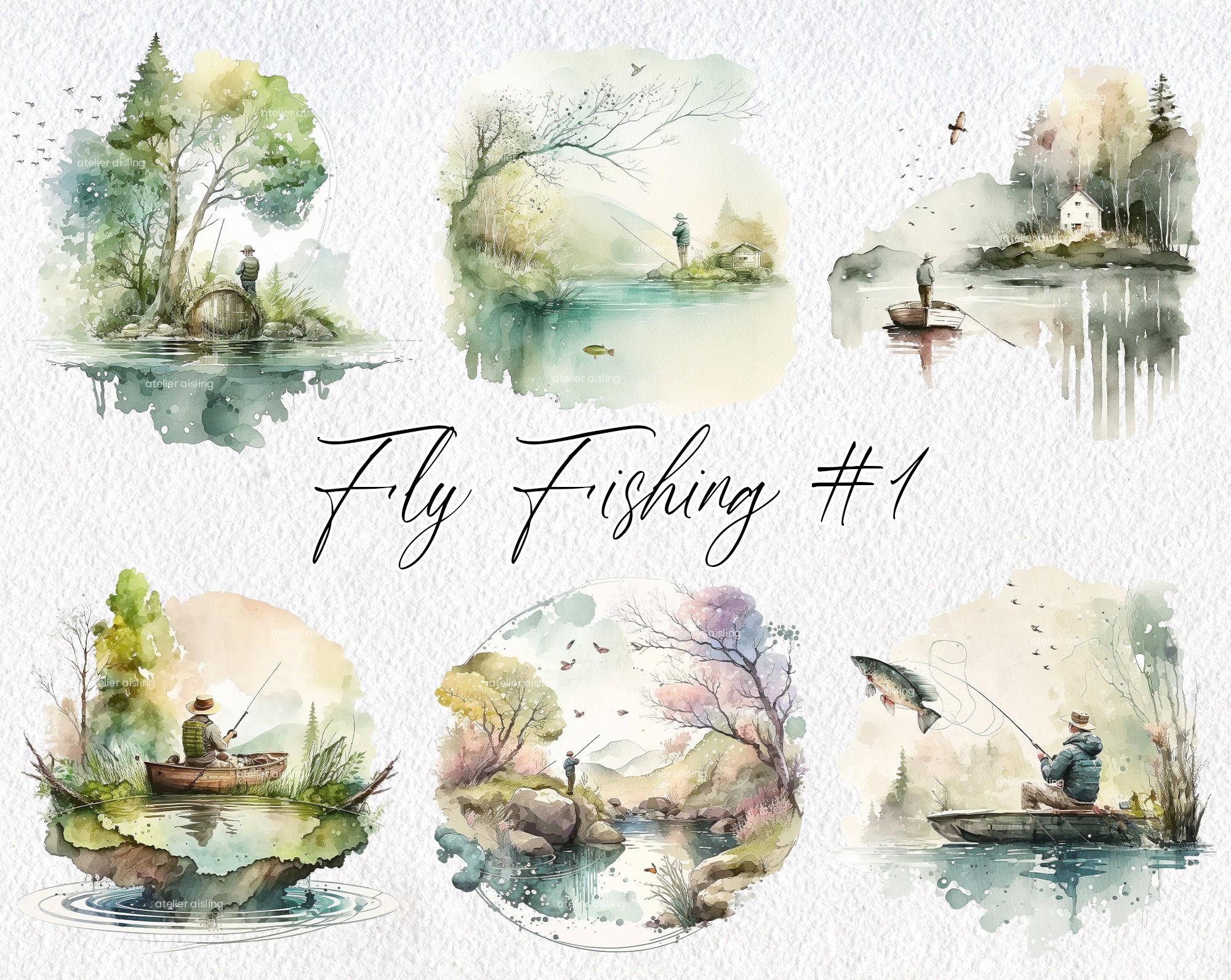 Cute Watercolor Fly Fishing Scenes, Volume 1, Commercial Use
