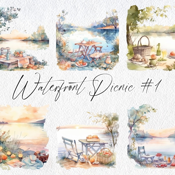 Cute Watercolor Waterfront Picnic Scenes, Volume 1, Commercial Use Clipart, Picnic Clipart, Scrapbooking, Cottagecore, Garden, Pond, Lake