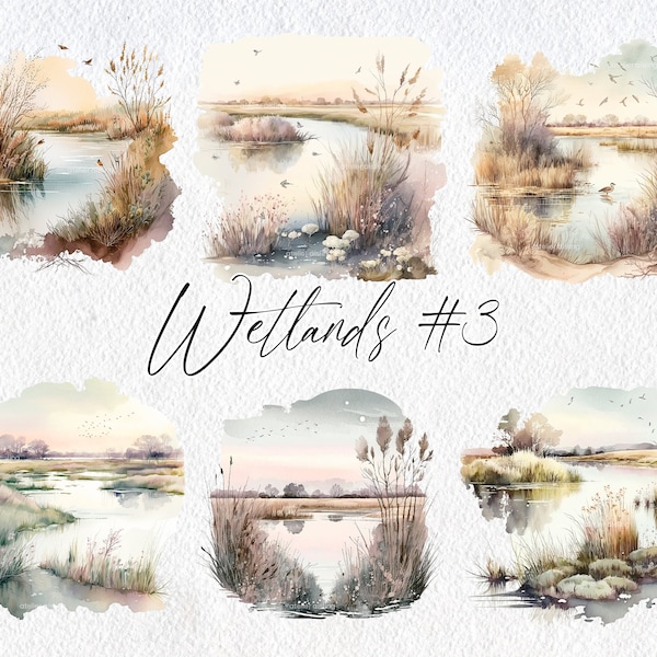 Cute Watercolor Wetland Scenes, Volume 3, Commercial Use Clipart, Spring Clipart, Scrapbook, Waterfront, Lake, Beach, Meadow, Field, Pasture