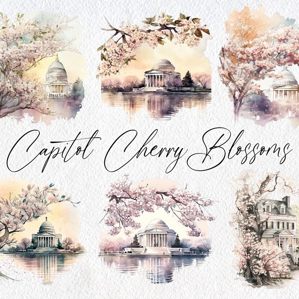 Cute Watercolor Capitol Cherry Blossoms Scenes, Commercial Use Clipart, Washington DC Clipart, Scrapbooking, Cherry Blossom, White House