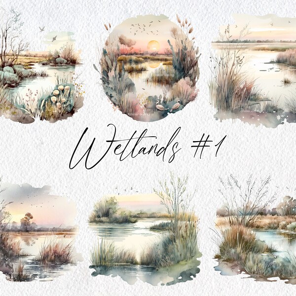 Cute Watercolor Wetland Scenes, Volume 1, Commercial Use Clipart, Spring Clipart, Scrapbook, Waterfront, Lake, Beach, Meadow, Field, Pasture