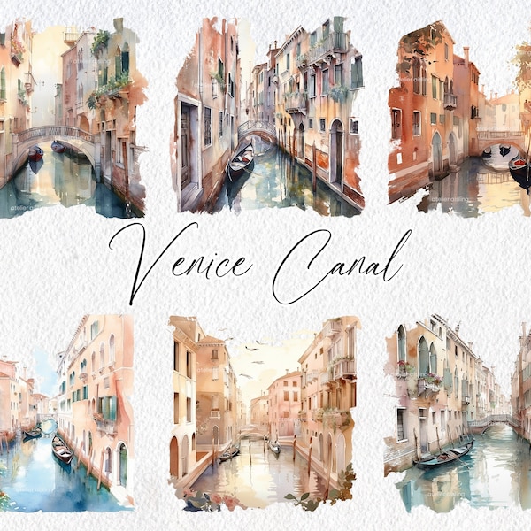 Scènes de Canal de Venise aquarelle mignon, Commercial usage Clipart, Clipart bateau, Scrapbooking, Venise, Kayak, canoë, bateau, été, gondole