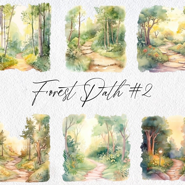 Cute Watercolor Forest Path Scenes, Volume 2, Commercial Use Clipart, Woodland Clipart, Scrapbooking, Woods, Trees, Hiking, Nature