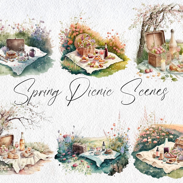 Cute Watercolor Spring Picnic Scenes, Commercial Use Clipart, Picnic Clipart, Scrapbooking, Garden, Flowers, Birds, Plants, Cottagecore