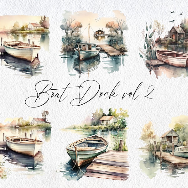 Cute Watercolor Boat Dock Scenes, Volume 2, Commercial Use Clipart, Boat Clipart, Scrapbooking, Lake, Sailboat, Fishing, Spring, Summer