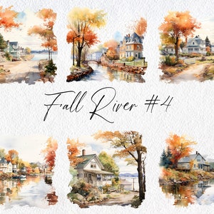 Cute Watercolor Fall River, Volume 4, Commercial Use Clipart, Fall Clipart, Autumn, Leaves, River, Lake, Pond, Waterfront, House