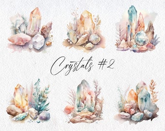 Cute Watercolor Crystal Clipart, Volume 2, Commercial Use Clipart, Gem Clipart, Scrapbooking, Geode, Rock, Agate, Quartz, Witch, Magic