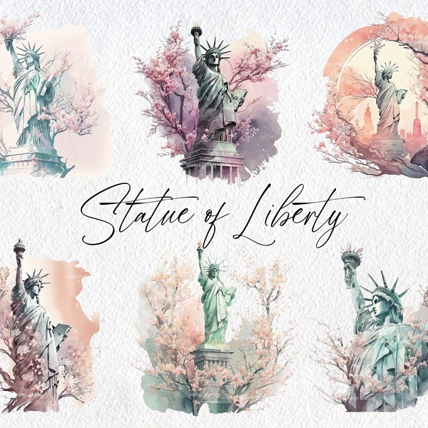 Cute Watercolor Statue of Liberty Scenes, Commercial Use Clipart, New York Clipart, Scrapbooking, NYC, Tourist, Landmark, Ellis Island