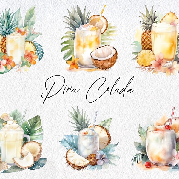 Cute Watercolor Pina Colada Scenes, Commercial Use Clipart, Drink Clipart, Scrapbooking, Cocktail, Coconut, Pineapple, Tropical, Food