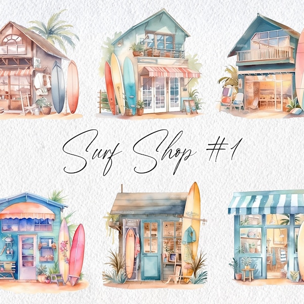 Cute Watercolor Surf Shop Scenes, Volume 1, Commercial Use Clipart, Surf Clipart, Scrapbooking, Vacation, Summer, Ocean, Beach, Surf board