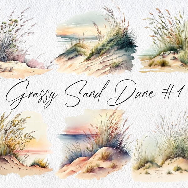 Süße Aquarell Grassy Sand Dune Scenes, Volume 1, kommerzielle Nutzung Clipart, Strand Clipart, Scrapbooking, Sand, Gras, Ozean, Urlaub