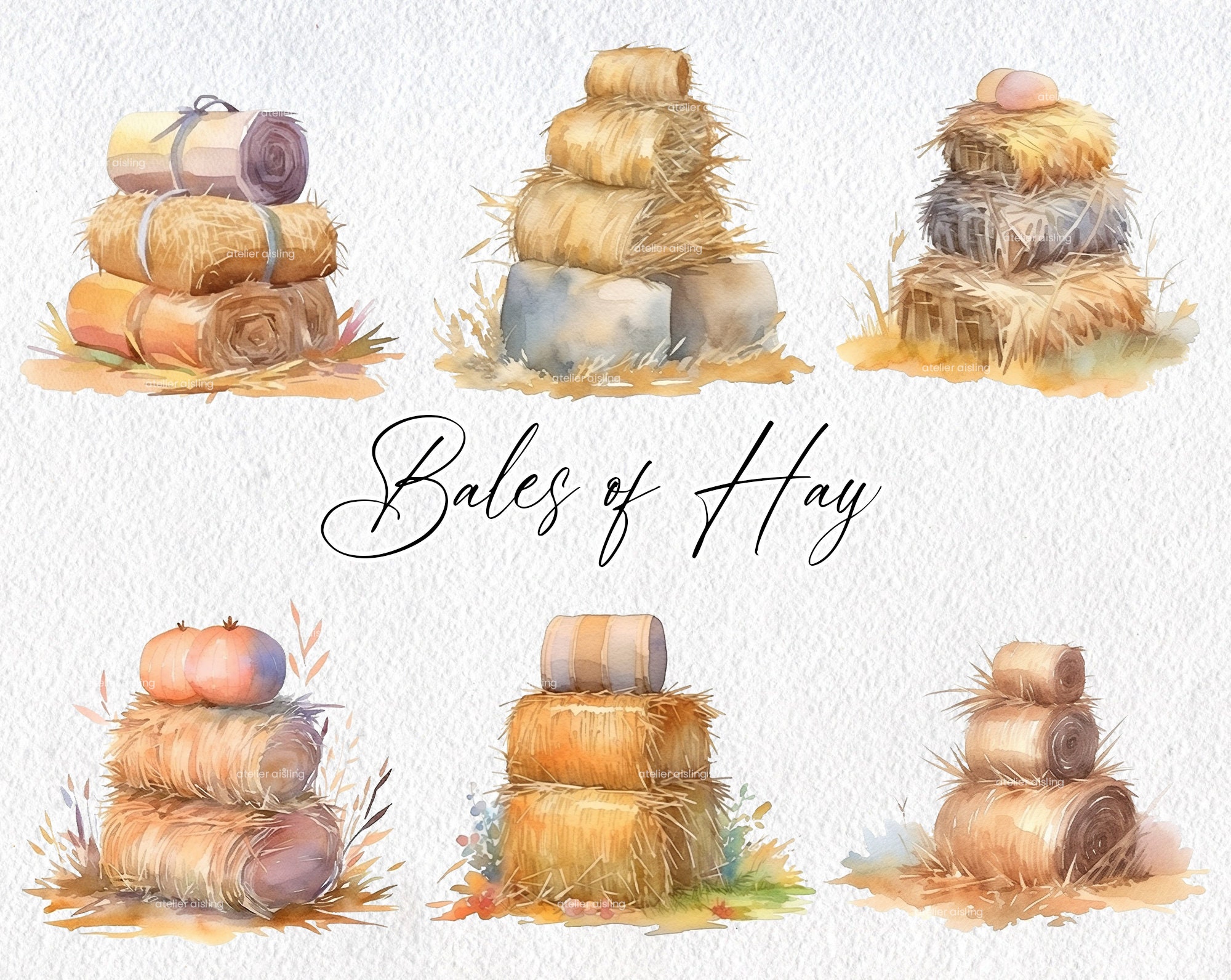 Cute Watercolor Bales of Hay, Commercial Use Clipart, Fall Clipart