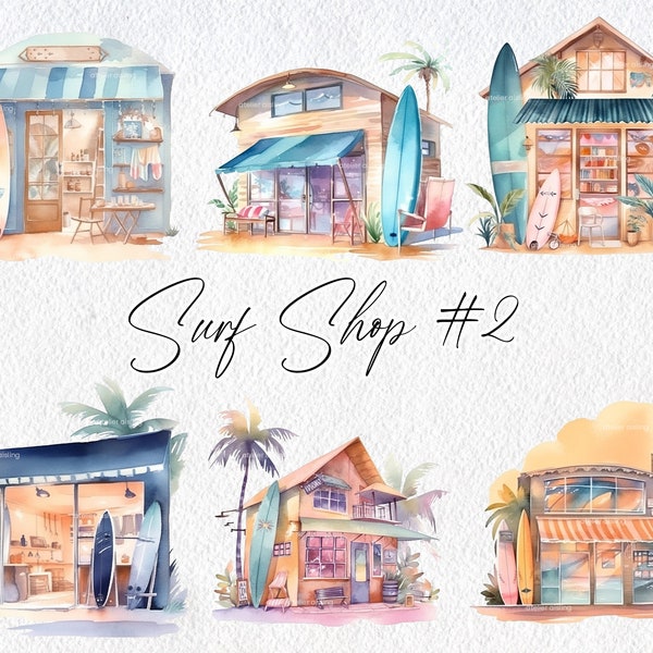 Cute Watercolor Surf Shop Scenes, Volume 2, Commercial Use Clipart, Surf Clipart, Scrapbooking, Vacation, Summer, Ocean, Beach, Surf board