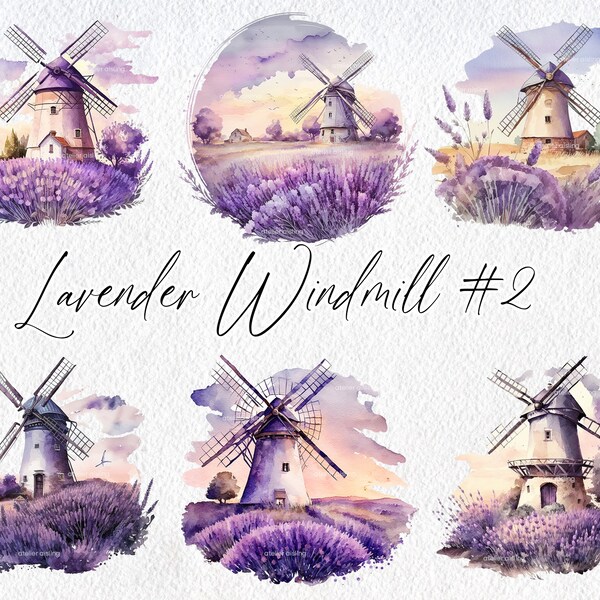 Cute Watercolor Lavender Windmill Scenes, Volume 2, Commercial Use Clipart, Wind Mill Clipart, Scrapbooking, Lavender Field, Cottagecore