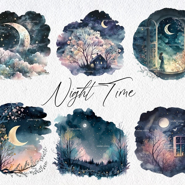 Cute Watercolor Night Time Scenes, Commercial Use Clipart, Night Sky Clipart, Scrapbook, Moon, Star, Galaxy, Constellation, Clouds, Window