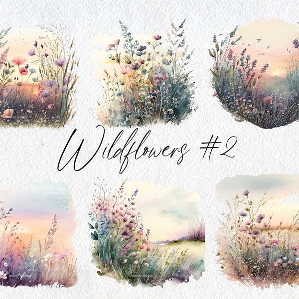 Cute Watercolor Wildflower Scenes, Volume 2, Commercial Use Clipart, Spring Clipart, Scrapbooking, Meadow, Garden, Trees, Flowers, Field