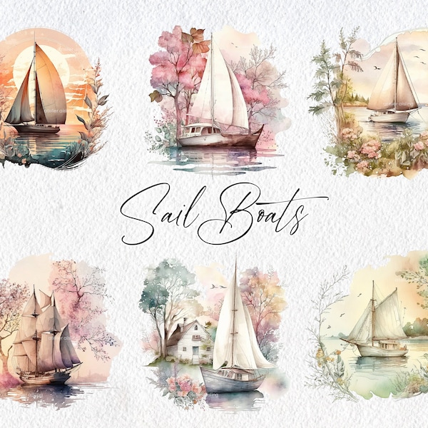 Cute Watercolor Sailboat Scenes, Commercial Use Clipart, Boat Clipart, Scrapbooking, Vacation, Lake, Sail, River, Fishing, Spring, Summer