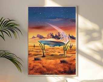 Trippy Alien Art Print: UFO Adventure, Psychedelic Landscape