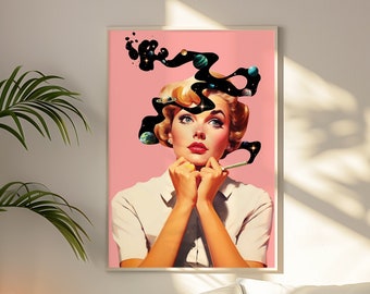 May include: A framed wall art print featuring a blonde person with a white collared shirt against a pink background. Above the head, a dark, swirling cosmic cloud contains floating planets and stars, with a thin cigarette held in one hand.