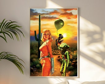 Trippy Retro Space Art Poster: Desert Alien Encounter