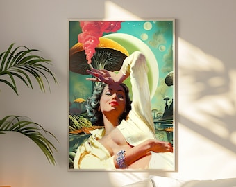 Trippy Mushroom Art Print: Retro Surreal Woman, Psychedelic Wall Decor