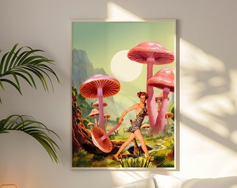 Mushroom Quest Art Print | Psychedelic Retro Woman Poster