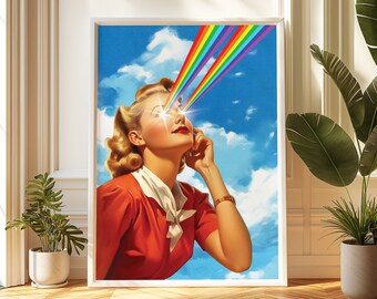 Rainbow Eye Art Print: Digital wall art, Vintage Surrealist Decor, Psychedelic Collage Poster