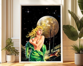 Impresión surrealista de un paisaje de ovnis estrellados: arte espacial retro