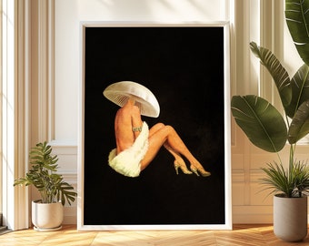 May include: A black and white art print featuring a woman with a mushroom for a head, wearing a white fur stole and sitting on a black background.