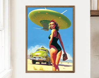 Impresión artística retro de extraterrestres: póster de ovnis de ciencia ficción, decoración moderna de mediados de siglo