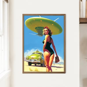 Hiking UFO 2 Art Print – Retro Alien Poster, Sci-Fi Collage, Trippy Space Decor, Psychedelic Wall Art for Sci-Fi Lovers