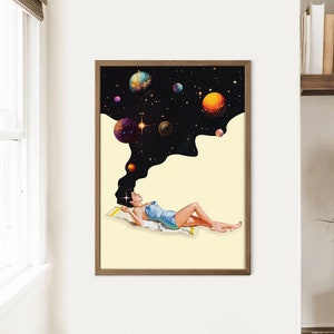 Retro Space Poster: Surreal Galaxy Art, Beige & Black Print