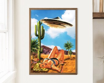 UFO Abduction Desert Art Print: Vintage Western Collage