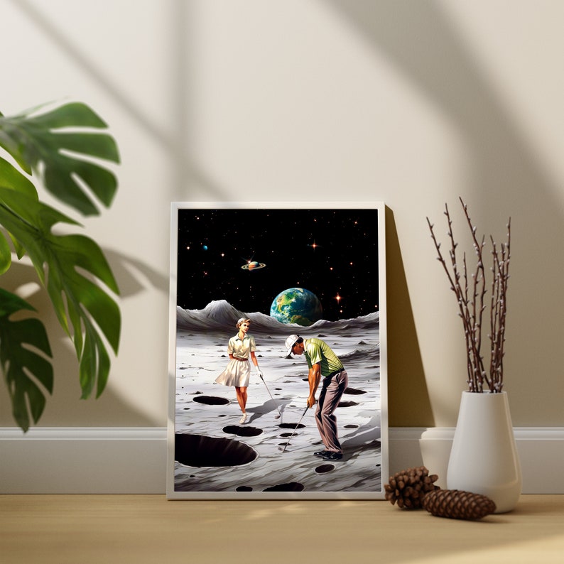 May include: A surrealist collage artwork depicting a man and woman playing golf on the moon. The moon's surface is cratered and the sky is filled with stars. A small planet is visible in the distance.
