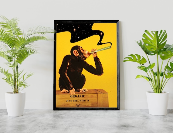 Jamboree – Psychedelic Animal Collage Print, Trippy Cannabis Wall Art, Retro Surreal Poster, Vintage Monkey Weed Decor